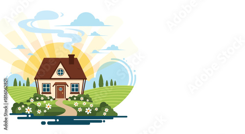 Cozy cartoon house on a green hill with a smoking chimney under a bright sun representing a beautiful and peaceful day.