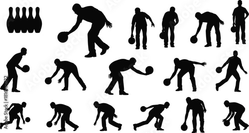 A collection of diverse male bowling player silhouettes, captured in various dynamic action poses from wind-up to release, alongside a set of five bowling pins, vector illustration.