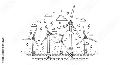 Black and white line art illustration of an offshore wind farm with turbines in the sea generating renewable energy.