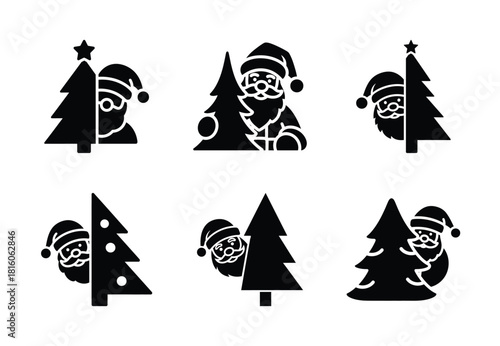 christmas santa tree peek silhouette icon set collection with spiral and solid styles