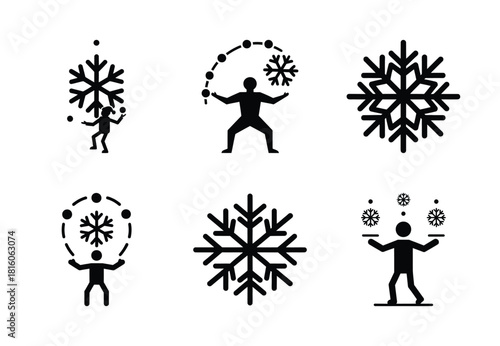 christmas snowflake juggle silhouette icon set collection with spiral and solid styles