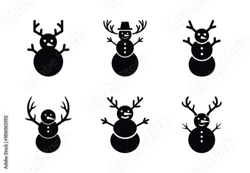 christmas snowman antler pose silhouette icon set collection with spiral and solid styles