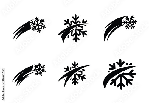 christmas snowflake swoosh silhouette icon set collection with spiral and solid styles