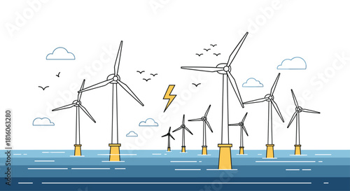 Line art illustration of an offshore wind farm with turbines in the ocean generating clean and sustainable electrical energy.