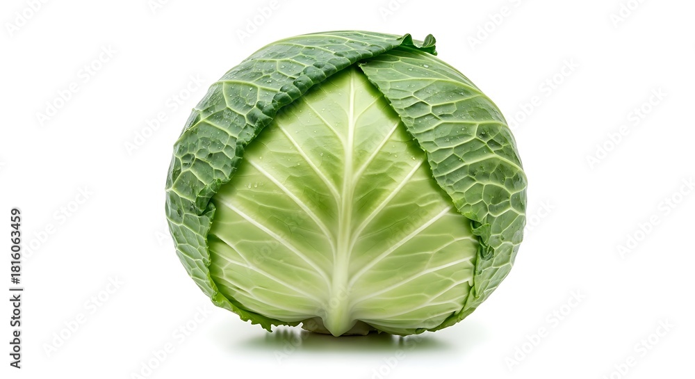 Fototapeta premium Fresh green cabbage with water droplets on white background studio shot vegetable food