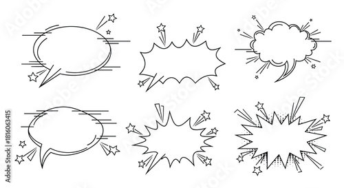 Collection of six empty black and white comic book style speech bubbles with speed lines stars and halftone accents.