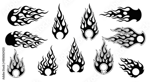 Classic old school neo tribal style black silhouette flame set perfect for car decals tattoos and minimalist graphic design elements on a white background