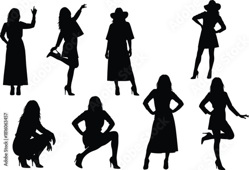 A collection of stylish female fashion model silhouettes, wearing high heels and long dresses or skirts, posing in various dynamic and confident positions for design projects, vector illustration.