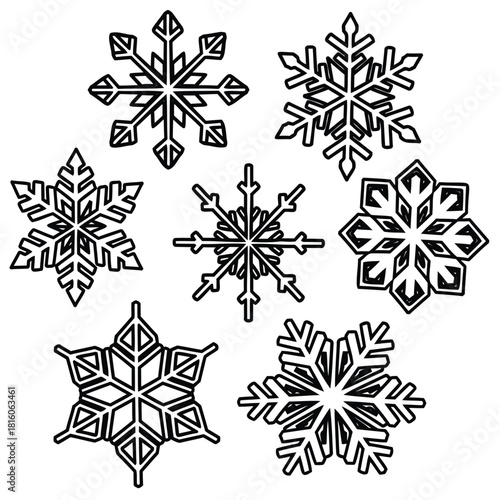 Six unique snowflake outlines in a simple black and white illustration.