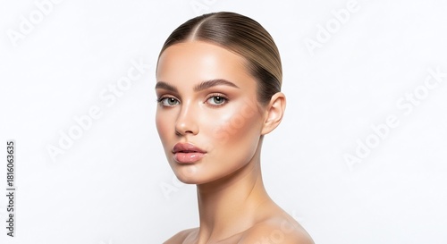 Portrait of a beautiful young woman with radiant, glowing skin and natural, subtle makeup, featuring slickedback hair and a confident expression, isolated on white background