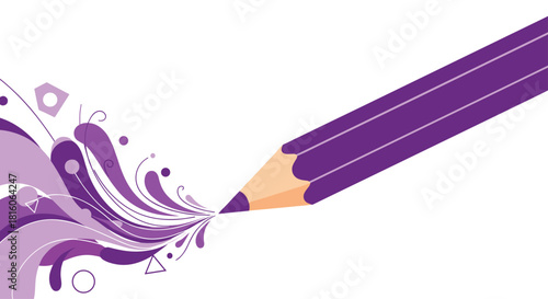 Creative concept illustration with a purple pencil drawing a vibrant and abstract swirl of shapes and lines on paper.