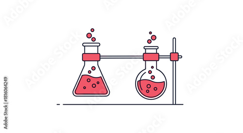 Minimalist animated illustration of a scientific experiment with two flasks of red liquid bubbling on a lab support stand.