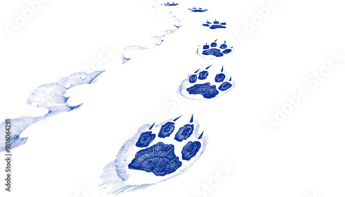 Vintage sketch of blue paw prints on white background  