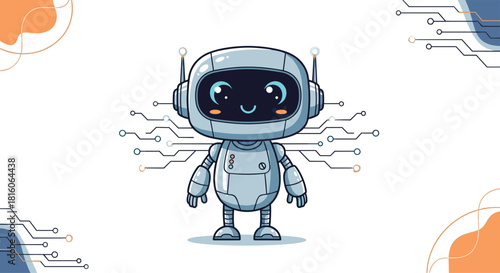 Cute and friendly cartoon robot character with big eyes and antennas surrounded by circuit board lines and abstract shapes.