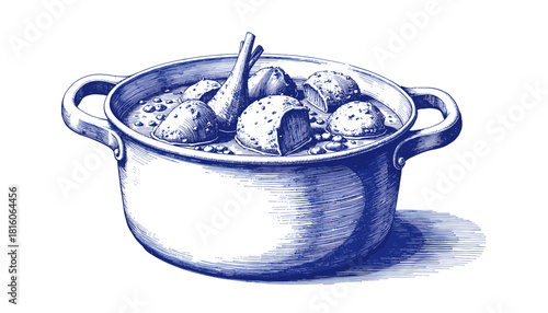 Vintage sketch of beef stew in enamel pot with ingredients visible  