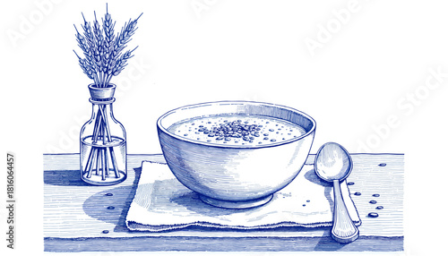 Vintage sketch with pen and blue ink of hot barley soup on table  
