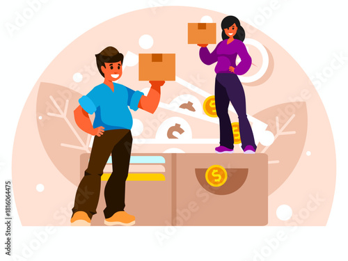 Delivery concept. Smiling male courier holding paper box. Delivery girl with parcel. Background with big wallet with credit cards, banknotes and coins. Vector graphics