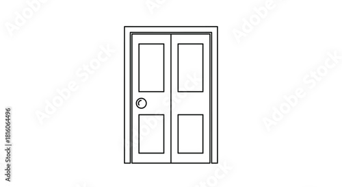 Simple black and white line art animation of a closed double door with panels and a round doorknob opening and closing.