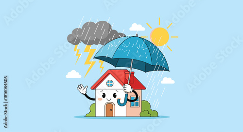 Cute cartoon house character holding an umbrella to protect itself from a storm with rain and lightning in the sky.