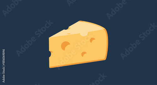 Simple flat design illustration of a wedge of yellow Swiss cheese with holes isolated on a dark blue background.