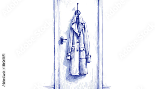 Vintage sketch of a coat hung on door hook in blue ink  