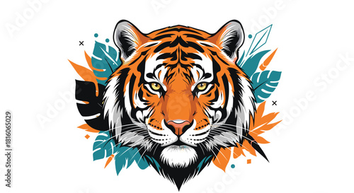 Stylized and powerful tiger head portrait with orange and black stripes surrounded by colorful tropical leaves illustration.