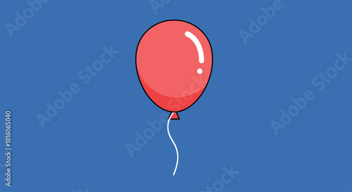 Simple cartoon illustration of a single shiny red balloon with a white string floating against a solid blue background.
