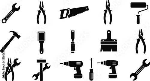 A complete set of black silhouette tool icons, including construction, carpentry, and repair implements like wrenches, hammers, saws, drills, and paint applicators, vector illustration.