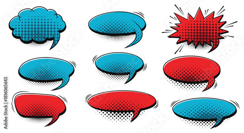A collection of colorful red and blue comic book speech bubbles with halftone dot patterns in a retro pop art style.