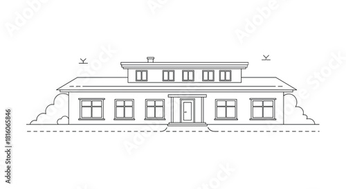 Minimalist black and white line art drawing of a single-story house with a flat roof and bushes on either side.