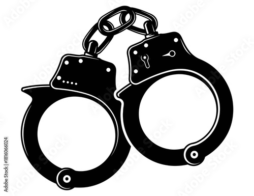 Bold black and white illustration of handcuffs symbolizing crime law enforcement and the justice system with a distinct tattoo and street art aesthetic