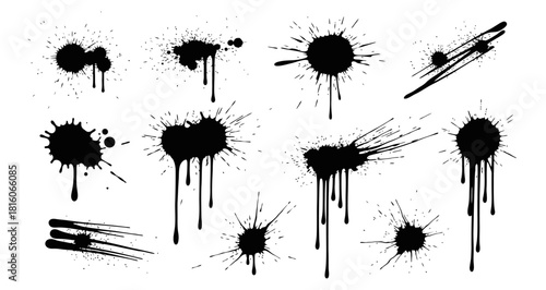 Highly detailed black ink splatter and stain collection with grunge textures and isolated silhouettes for graphic design projects