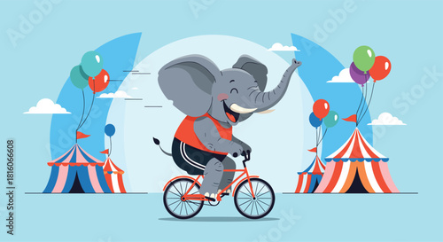 Happy cartoon elephant riding a bicycle with colorful balloons at a circus with striped tents in the background.