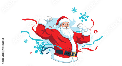 Strong and muscular Santa Claus flexing his biceps in a cheerful and powerful Christmas holiday themed illustration.