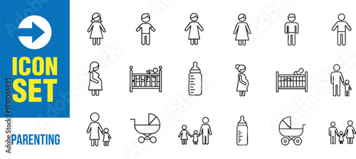 Essential parenting icon set showcases pregnancy, baby care, and family life with minimalist style design