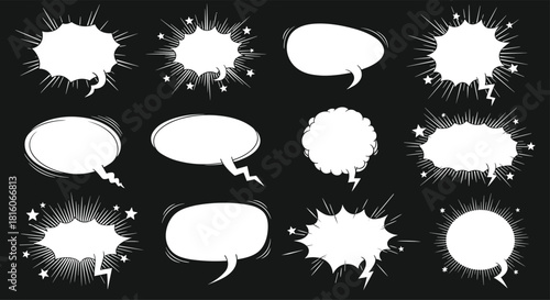 Collection of twelve empty white comic book speech bubbles and explosion effects on a solid black background for contrast.