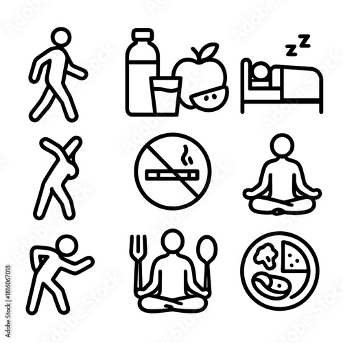 Healthy Lifestyle Icons. Healthy habits concept linear icon set: walking, drinking water, eating fruit, sleeping well, stretching, no smoking, meditation, balanced meal
