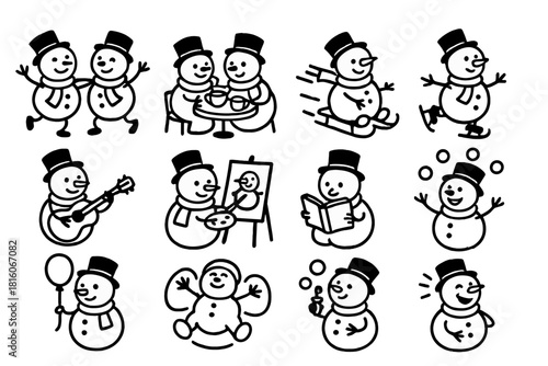 Playful Snowman Activities. Whimsical Snowman Moments linear icon set: dancing snowmen, snowmen having tea, snowman on sled, snowman ice skating, snowman playing guitar, snowman