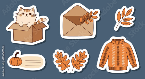 Set of cute autumn-themed stickers including a cat in a box a sweater and fall leaves on a dark background.