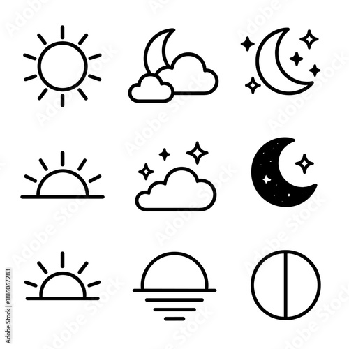 Day and Night Icons. Day and night concept linear icon set: sun, moon, clouds, stars, sunrise, sunset, night sky, half-day circle