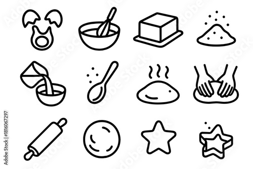 Baking Essentials Icons. Dough & Batter linear icon set: cracked egg, whisk in bowl, butter cube, flour dust, pouring milk, mixing spoon, rising dough, kneading hands, rolling pin