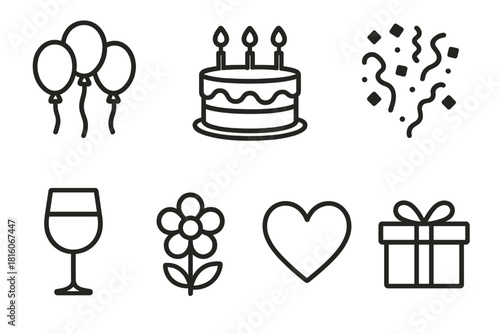 Festive Celebration Icons. Party mood concept linear icon set: balloons, cake, gift, confetti, glass, flower, heart, envelope