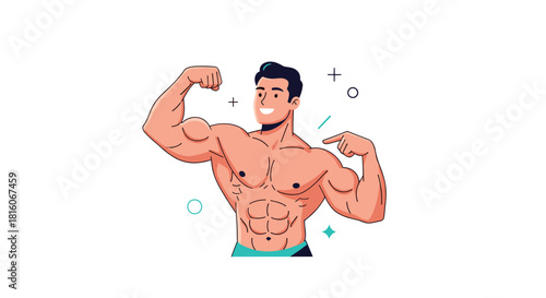 A smiling muscular man flexing his powerful biceps showing off his abs and strong physique in a modern cartoon vector illustration.