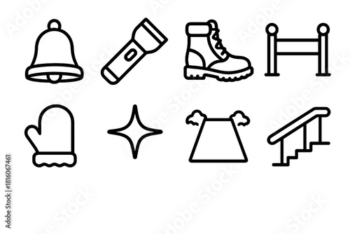 Christmas Safety Icons. Christmas Wellbeing linear icon set: safety bell, steady torch, snow-ready shoe, gentle barrier line, warm mitten, visible star flare, clear walkway, stable