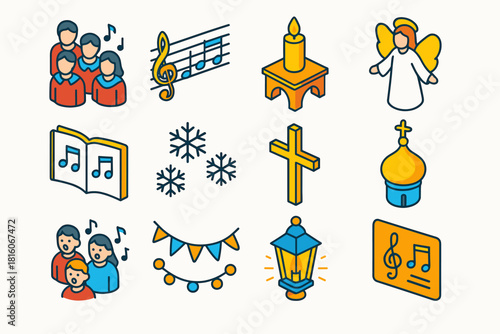 Orthodox New Year Celebration. Orthodox New Year Festive Choir flat icon set: choir group, musical staff, candlelit altar, angel figure, open hymn book, snowflakes falling, golden