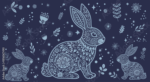 Intricate folk art pattern with three rabbits decorated with floral and ornamental designs on a dark blue background.