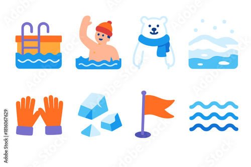 Winter Swim Festivity. Winter Swim Event flat icon set: cold plunge pool, brave swimmer, polar bear mascot, snow-covered shore, gloves, ice chunks, celebration flag, water waves