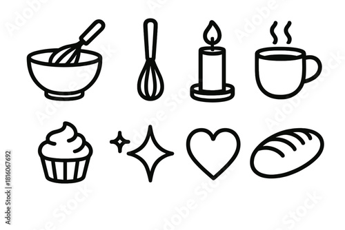 Cozy Kitchen Icons. Cozy kitchen linear icon set : mixing bowl, whisk, candle, steaming mug, cupcake, bread loaf, sparkle, heart