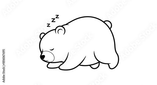 A cute cartoon bear sleeping peacefully with ZZZs above its head in a simple black and white line art style for coloring or design.