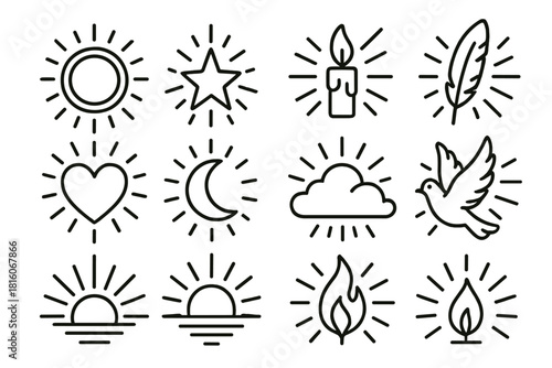 Radiant Spiritual Icons. Sacred Radiance linear icon set : golden ring, star, candlelight, feather, halo glow, heart, shining moon, sunrise hue, soft cloud, radiant beam, dove